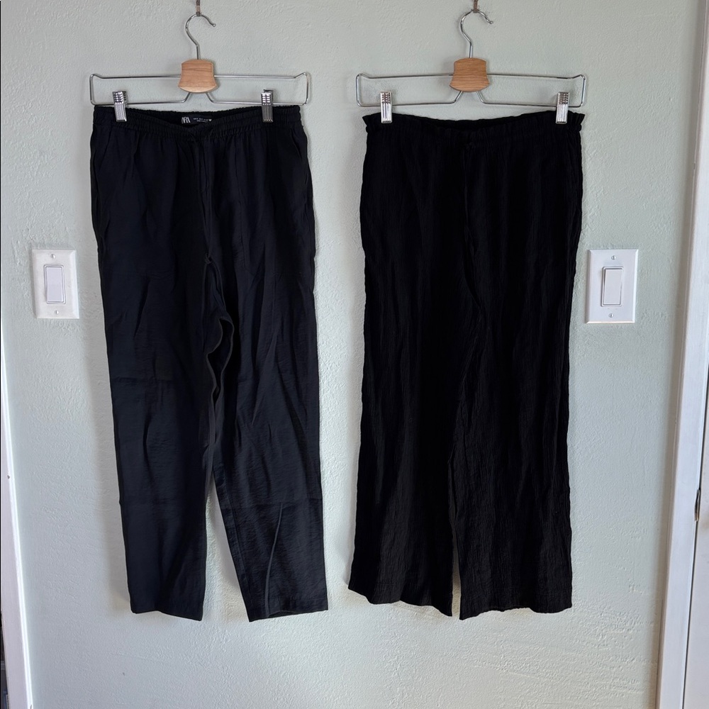 Zara‎ XS/S Black Pants Bundle - Elastic Waist Tapered S & Crinkle Drawstring XS